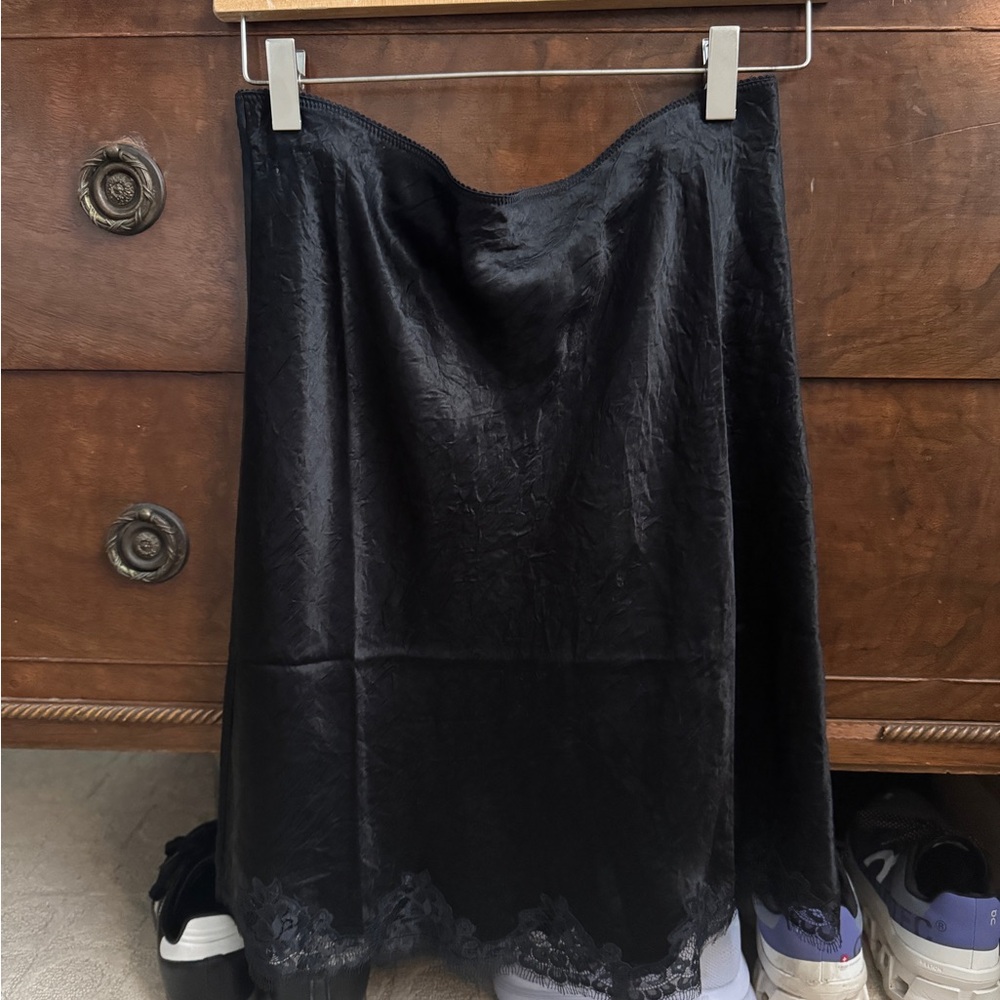 J. Crew Black Satin Midi Skirt with Lace Trim